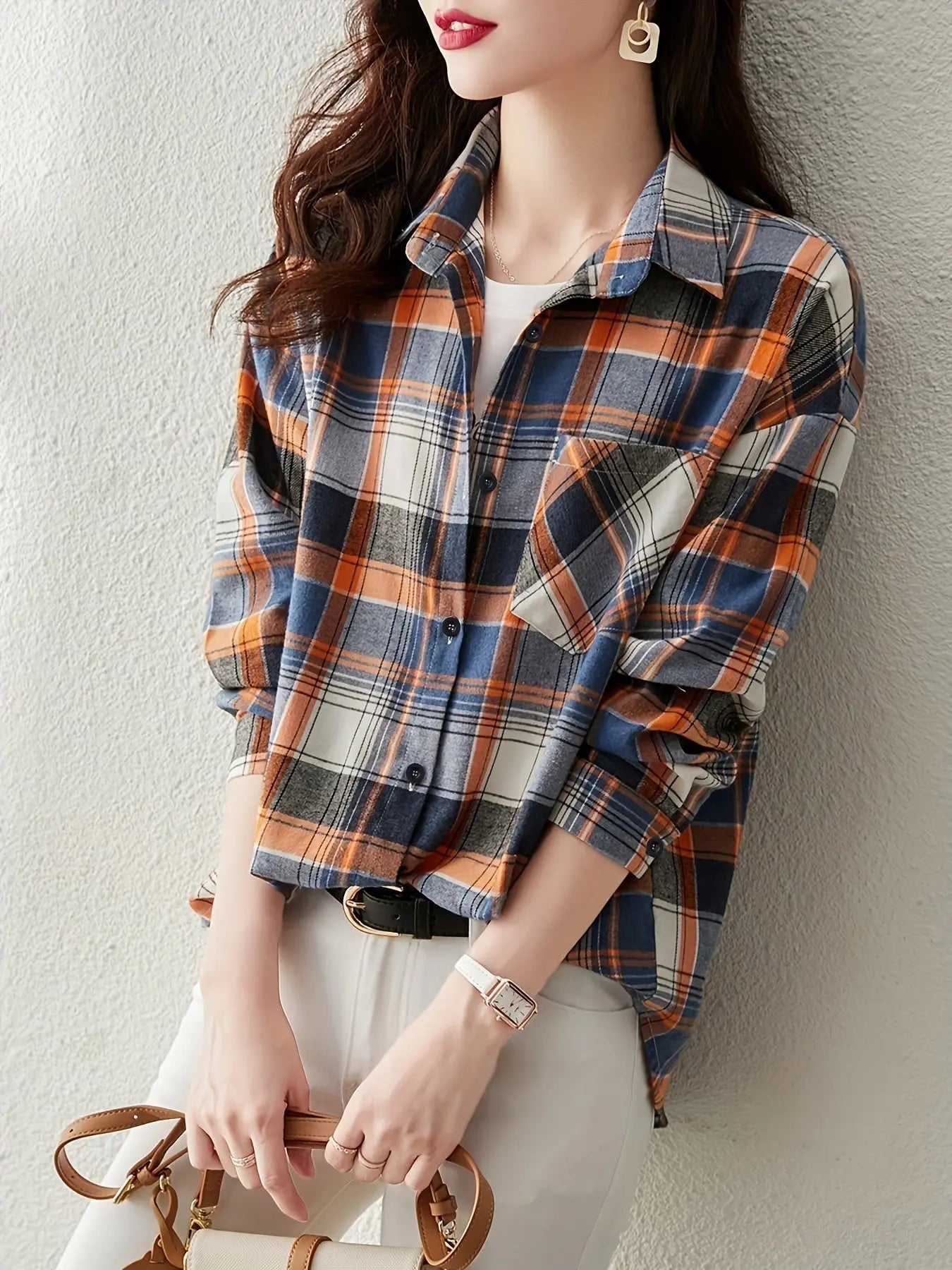 Stylish Checkered Button-Up Shirt for Women - Long Sleeves, Lapel Collar, Western Style MyFave Boutique