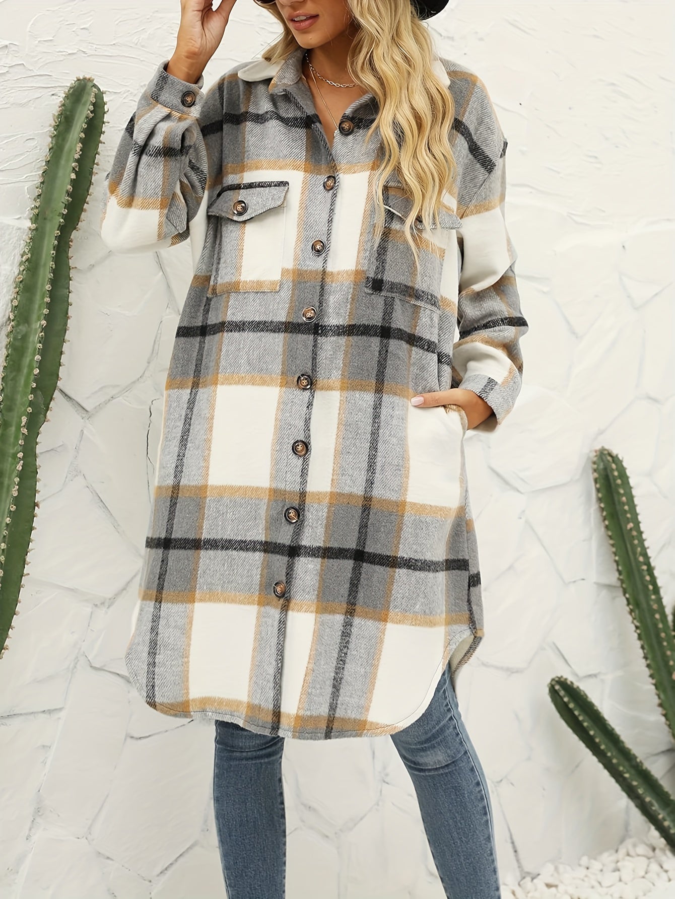 Women's Lounge Lapel Button Up Long Sleeve Plaid Long Shirt Jacket Shacket MyFave Boutique