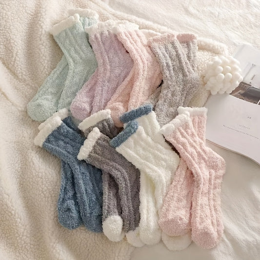 7 Pairs Plush Coral Fleece Sleep Socks - Winter Thick Warm Fluffy Slippers Socks, Color Block Knit Fabric, 95% Polyester 5% Spandex, Hand Washable MyFave Boutique