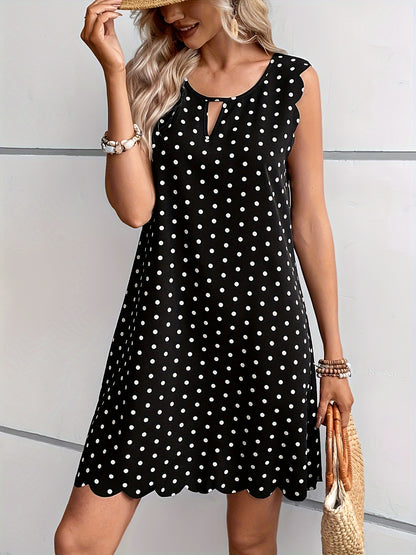 Polka Dot Scallop Trim Dress, Casual Keyhole Sleeveless Mini Dress For Spring & Summer, Women's Clothing MyFave Boutique