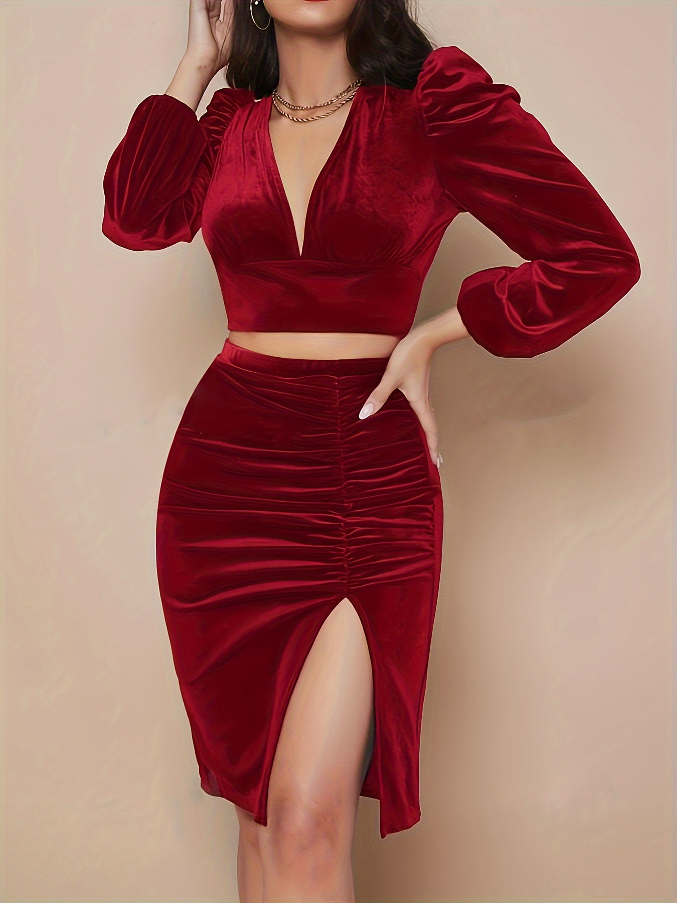 Velvet Solid Color Elegant Set, Crop Plunging Long Sleeve Top & High Waist Bodycon Slit Skirt, Women's Clothing MyFave Boutique