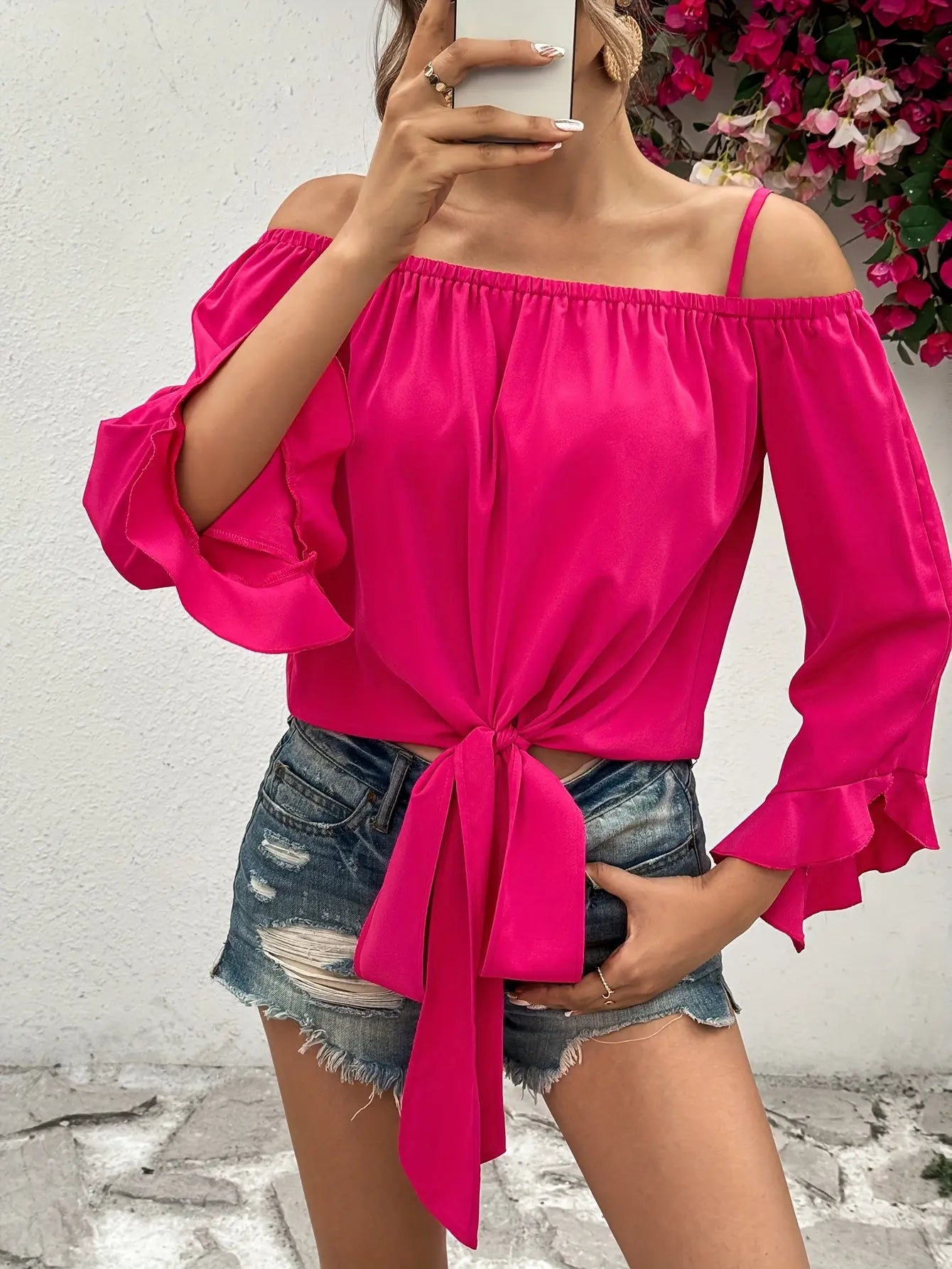 Off Shoulder Knot Front Blouse, Elegant Long Sleeve Blouse For Spring & Fall, Women's Clothing MyFave Boutique