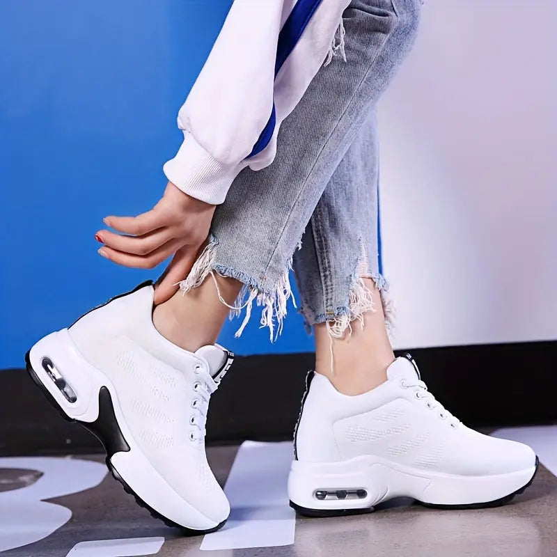 Women's Solid Color Knit Sneakers, Lace Up Heightening Casual Breathable Sporty Trainers, Versatile Low-top Comfy Shoes MyFave Boutique