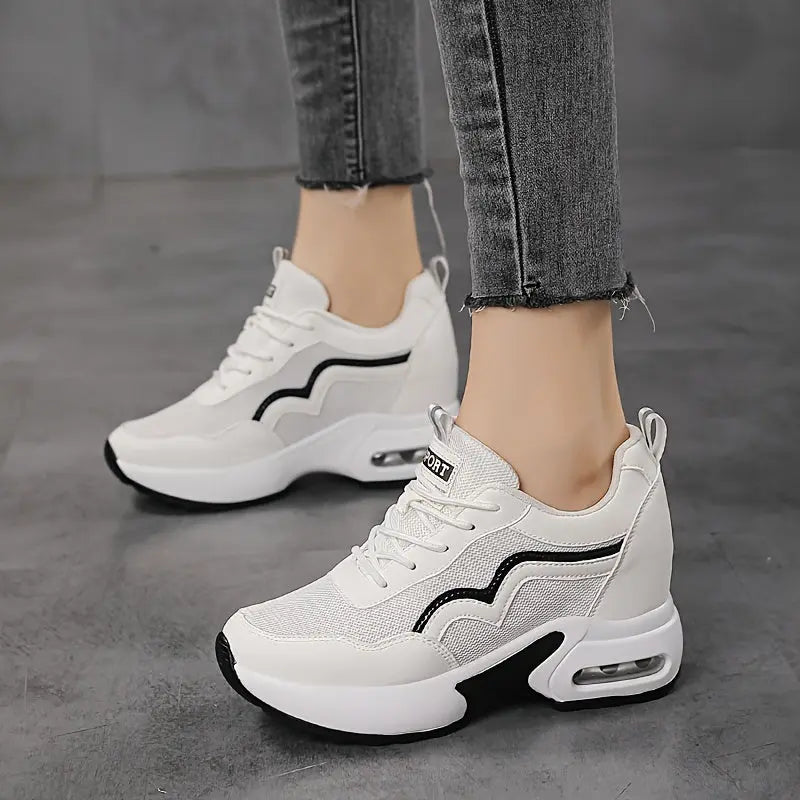 Women's Two-Tone Height-Increasing Sneakers, Lace Up Platform Soft Sole Breathable Comfort Sneakers, Air Cushion Casual Athletic Shoes MyFave Boutique