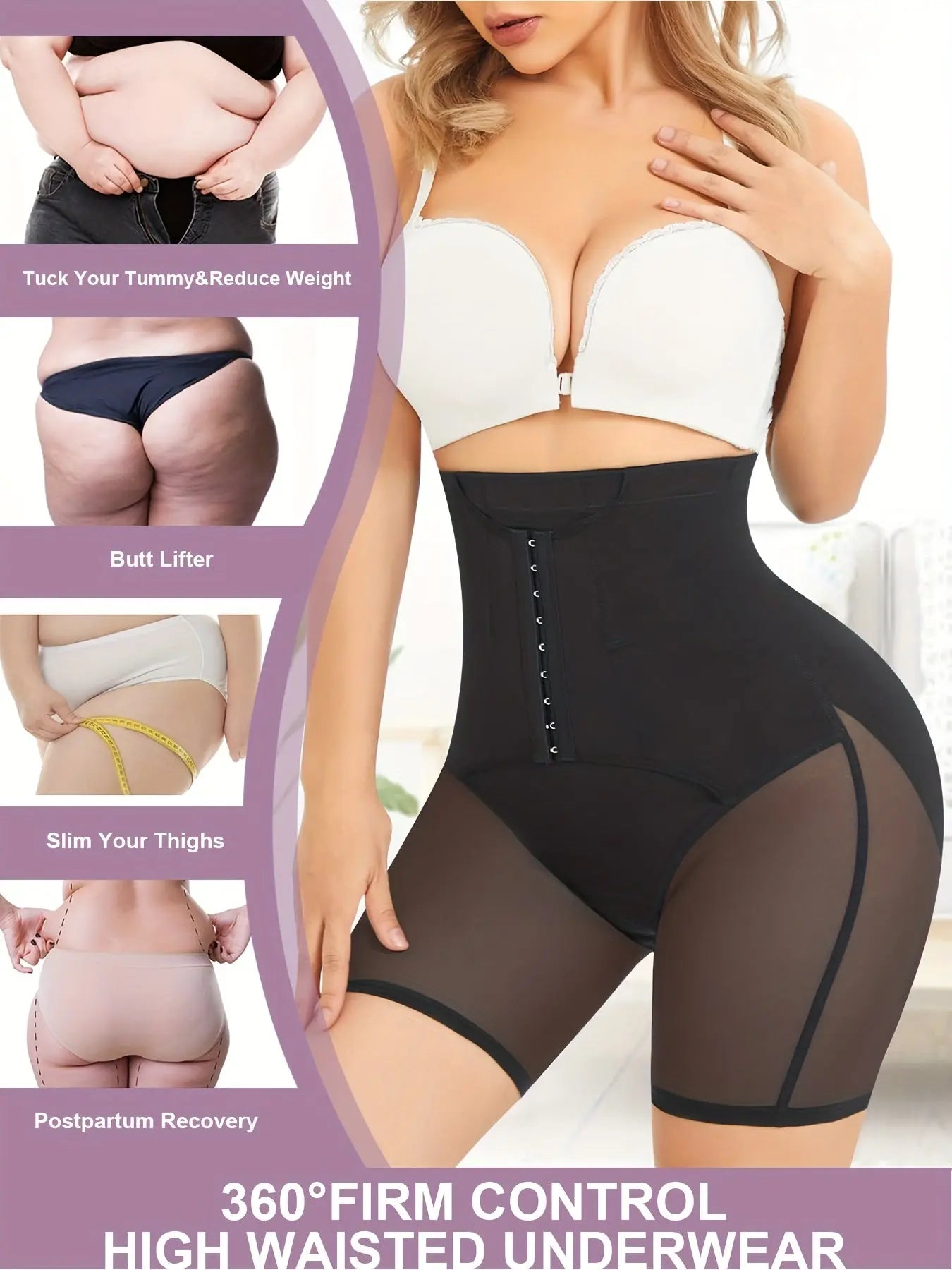 Mesh Stitching Shaping Shorts, Front Buckle Tummy Control Compression Shorts, Women's Underwear & Shapewear MyFave Boutique