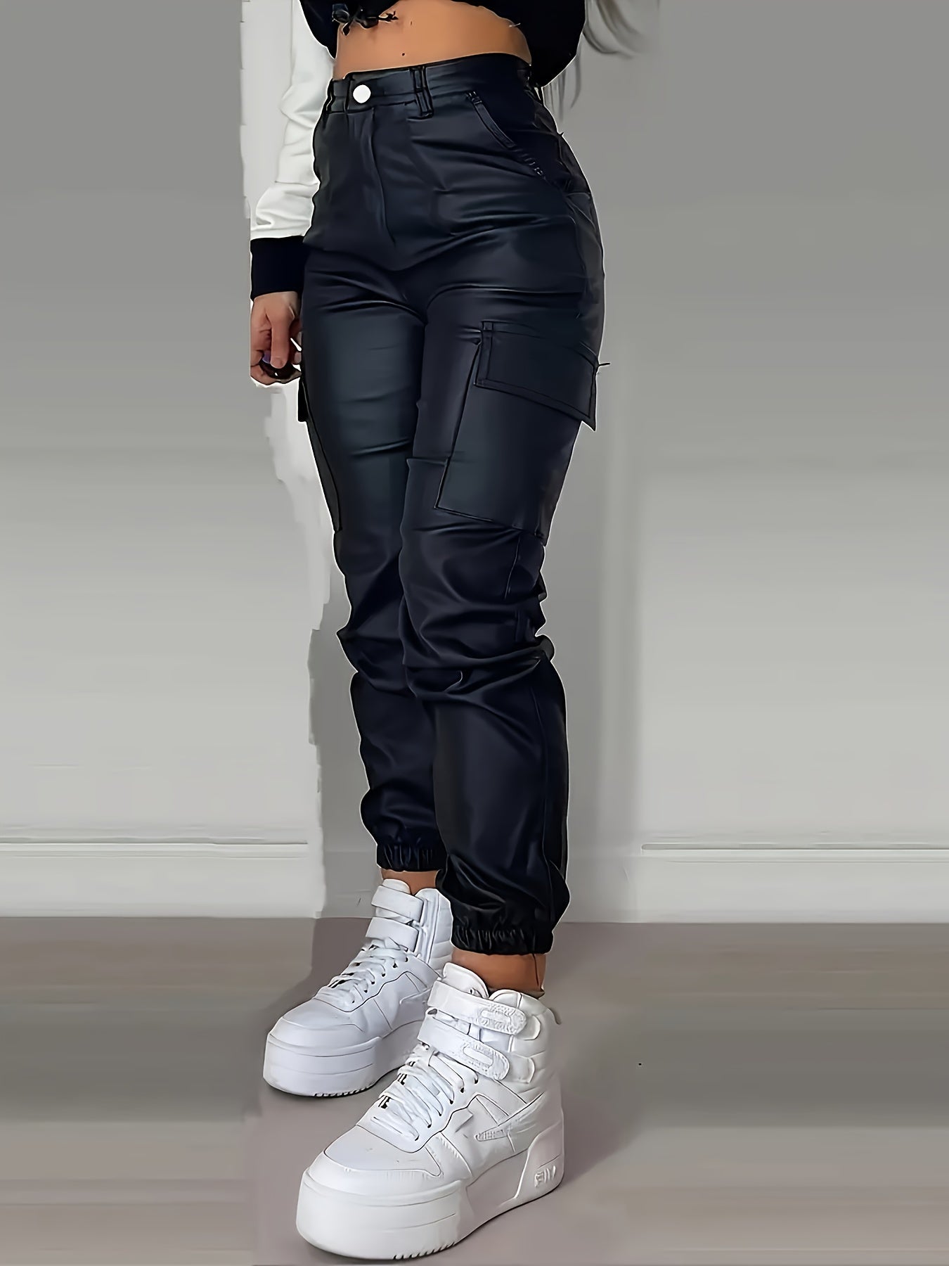 Women's Black Color Plain Coated High Waisted Casual Pants With Pocket, Women's Denim Jeans & Clothing MyFave Boutique