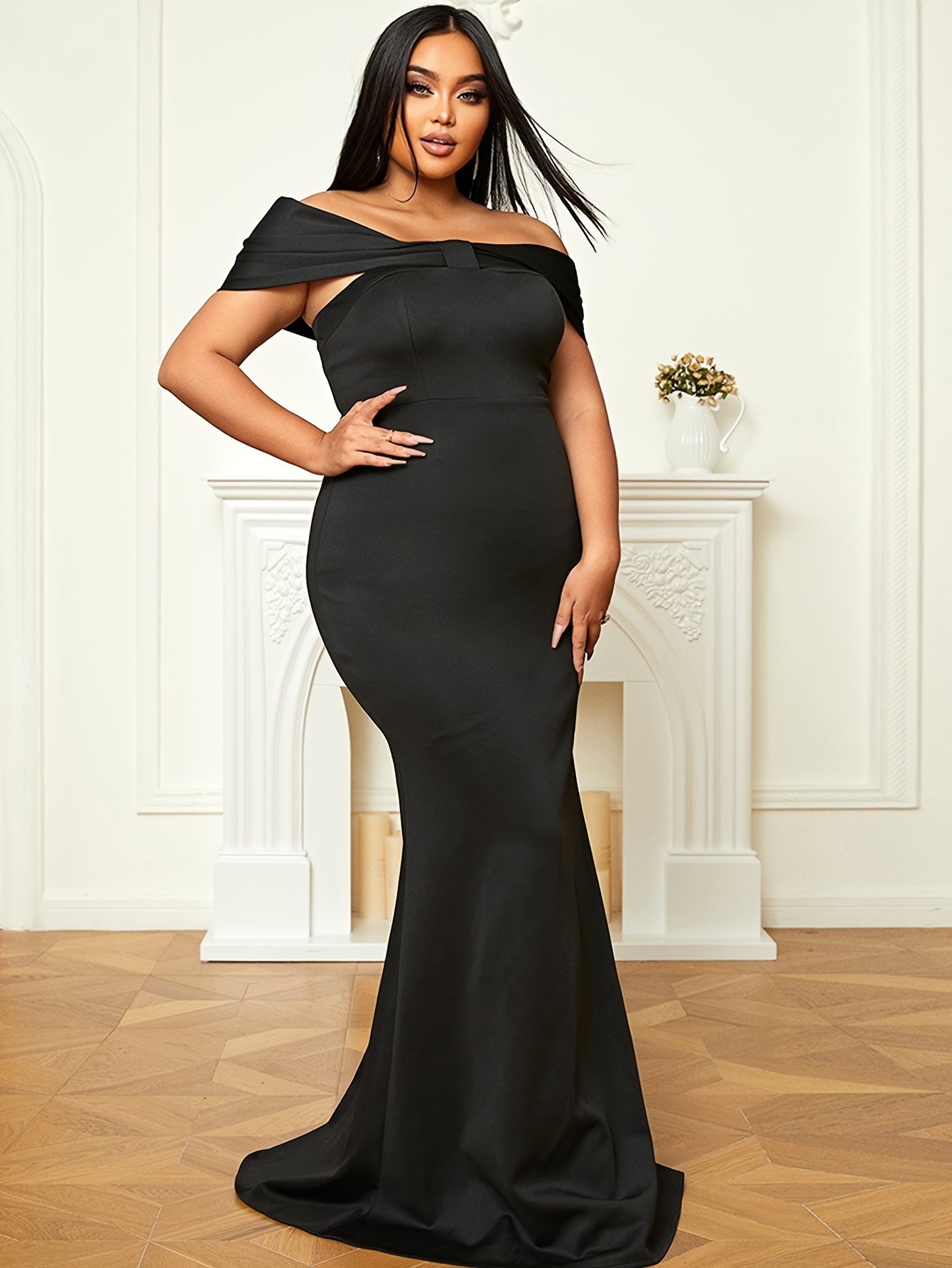 Plus Size Off Shoulder Solid Bridesmaid Dress, Elegant Cinched Waist Fit & Flare Dress,Long Dress Bodycon, For Wedding Party, Women's Plus Size Clothing MyFave Boutique