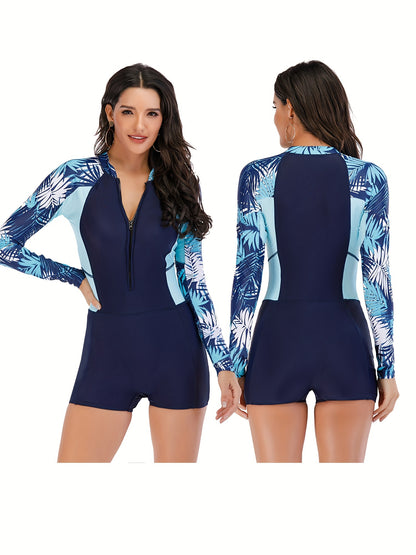 Women One Piece Long Sleeve Bathing Suits UV Protection Rash Guard Front Zip Athletic Swimsuit MyFave Boutique