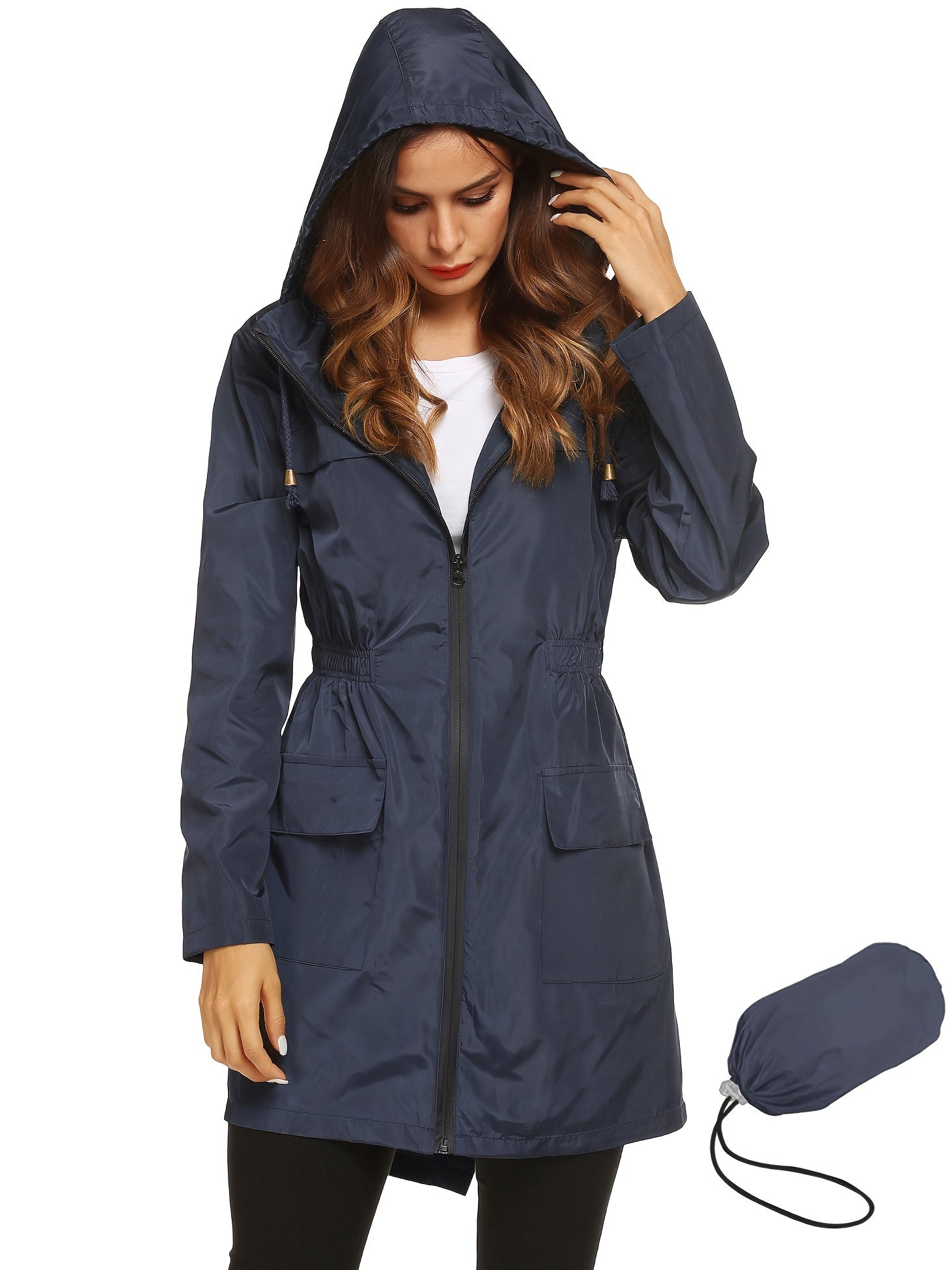 Solid Drawstring Zipper Front Raincoat, Casual Flap Pockets Split Elastic Waist Long Sleeve Hooded Lightweight Raincoat For Spring & Fall, Women's Clothing MyFave Boutique