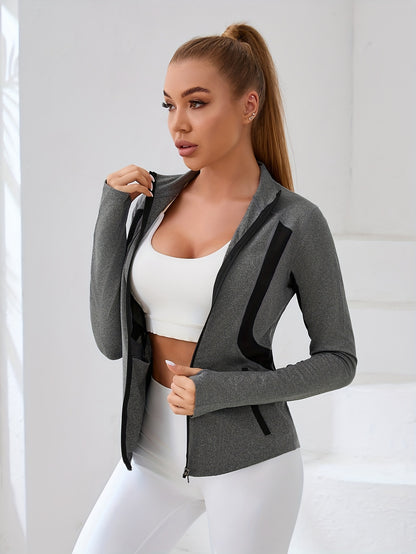 Lightweight Sports Jacket With Long Sleeves, Thumb Holes, Breathable, Sun Protection, Suitable For Outdoor Activities Such As Yoga, Leisure, Running, Climbing, With Zipper And Small High Collar MyFave Boutique