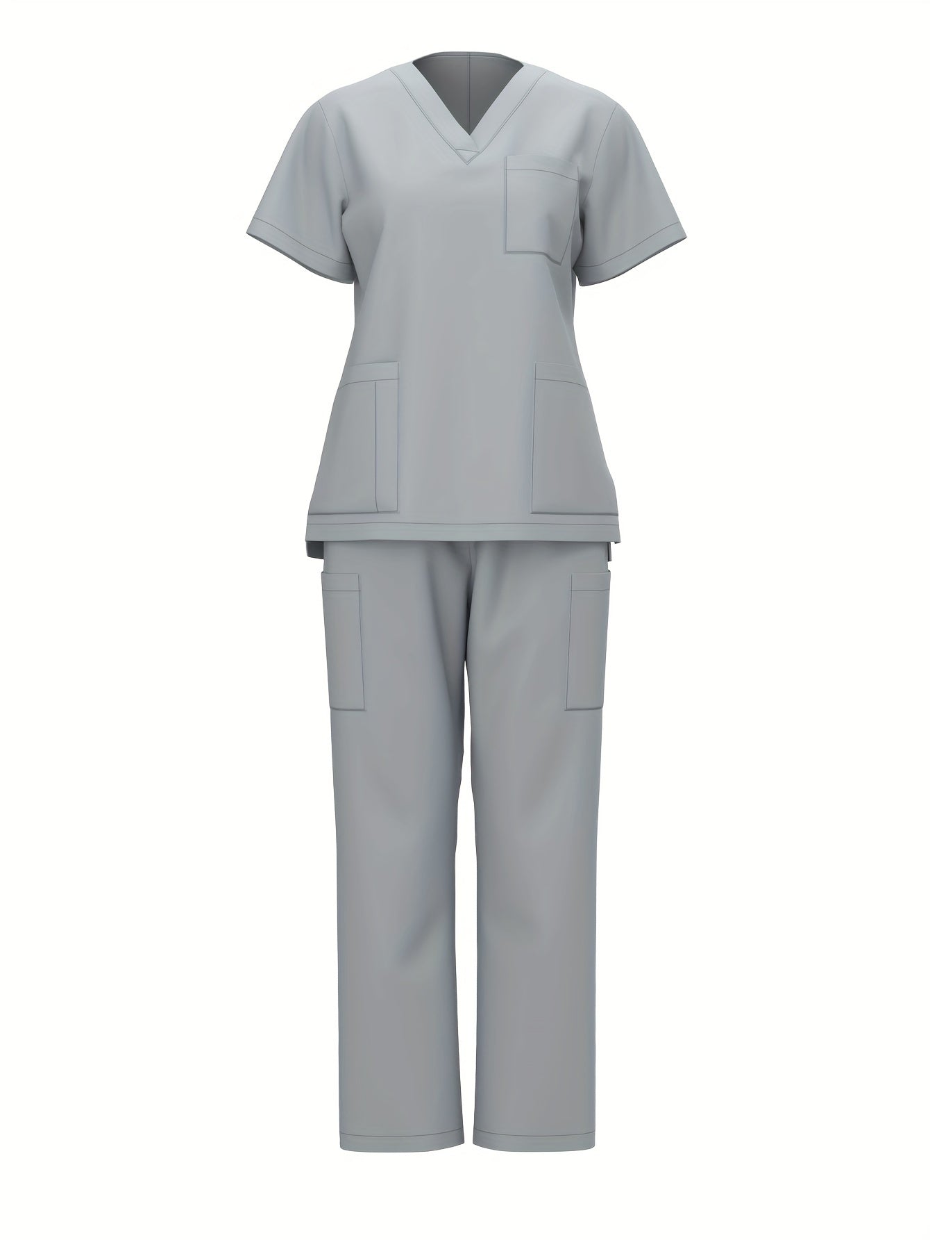 Solid Functional Two-piece Set, Patched Pockets V-neck Top & Straight Leg Pants Uniform Outfits, Women's Clothing MyFave Boutique