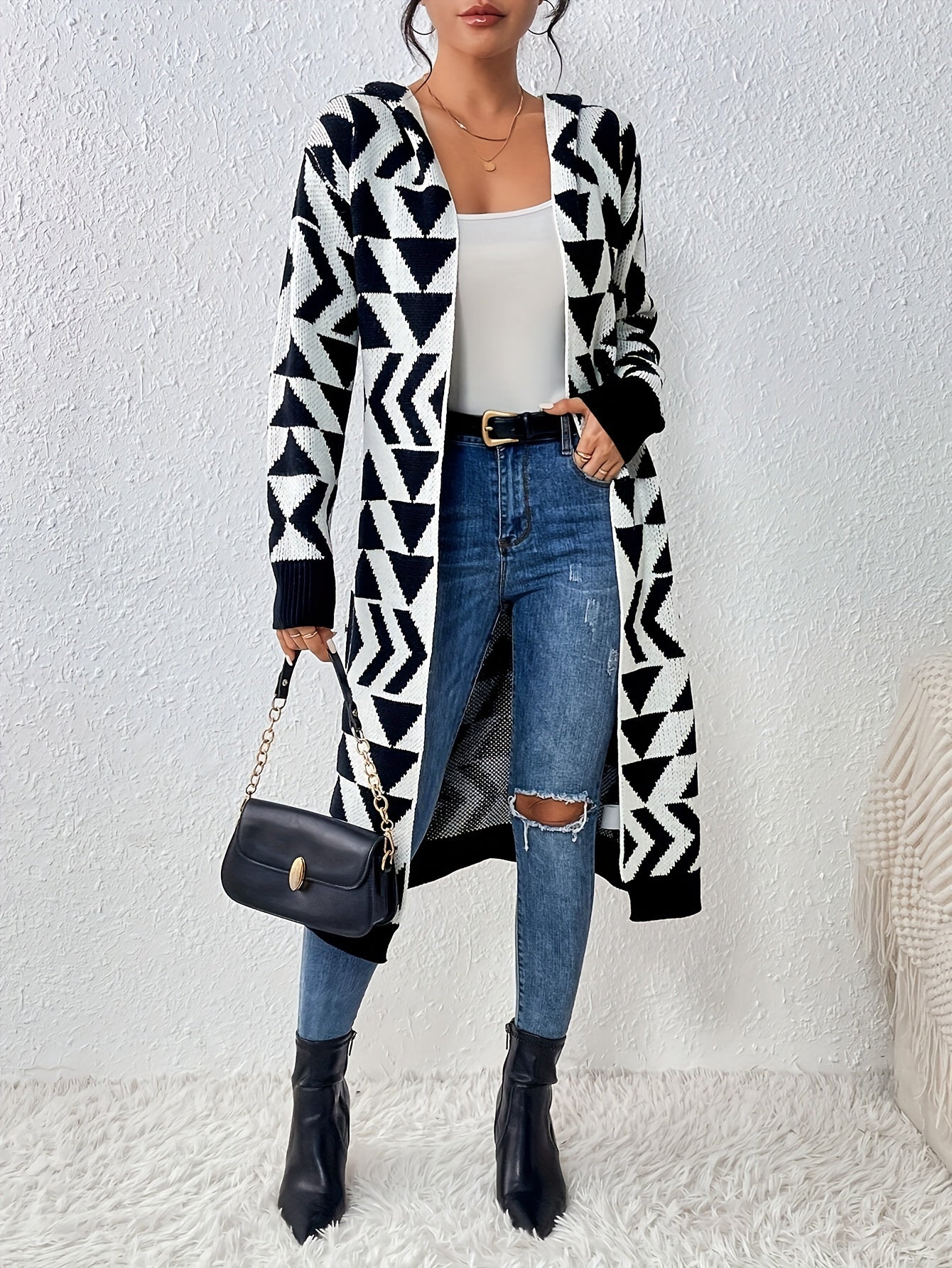 Color Block Long Sleeve Hooded Cardigan, Stylish Geo Pattern Open Front Cardigan For Fall & Winter, Women's Clothing MyFave Boutique