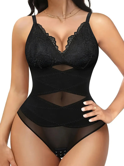 Solid Contrast Lace Snap Crotch Thong Shaping Bodysuit, Simple & Soft Tummy Control Slimmer Body Shaper, Women's Underwear & Shapewear MyFave Boutique