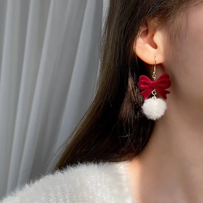 Red Flocking Bow White Furry Ball Design Dangle Earrings Cute Style Winter Female Earrings Christmas Gift MyFave Boutique