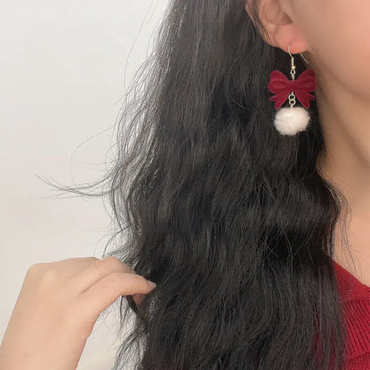 Red Flocking Bow White Furry Ball Design Dangle Earrings Cute Style Winter Female Earrings Christmas Gift MyFave Boutique