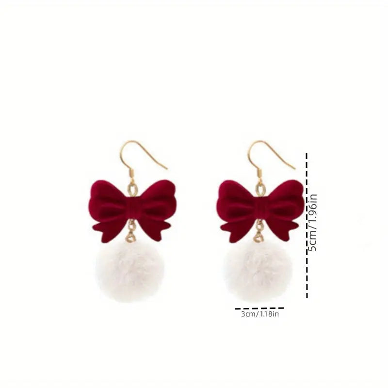 Red Flocking Bow White Furry Ball Design Dangle Earrings Cute Style Winter Female Earrings Christmas Gift MyFave Boutique