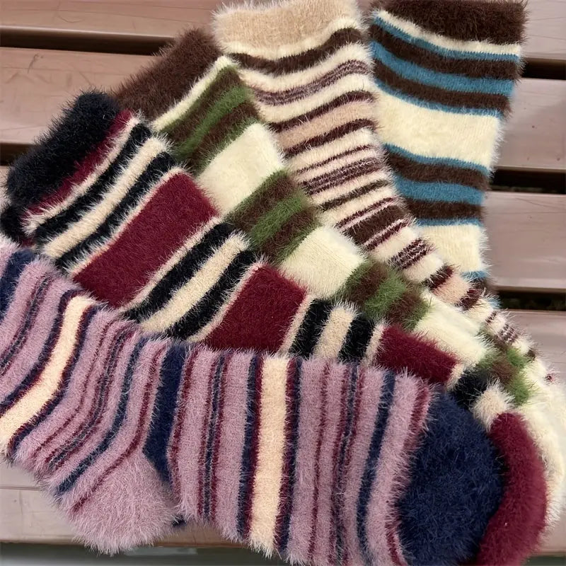 5 Pairs Striped Fluffy Crew Socks, Thick Warm Soft Mid Tube Socks For Fall & Winter, Women's Stockings & Hosiery MyFave Boutique