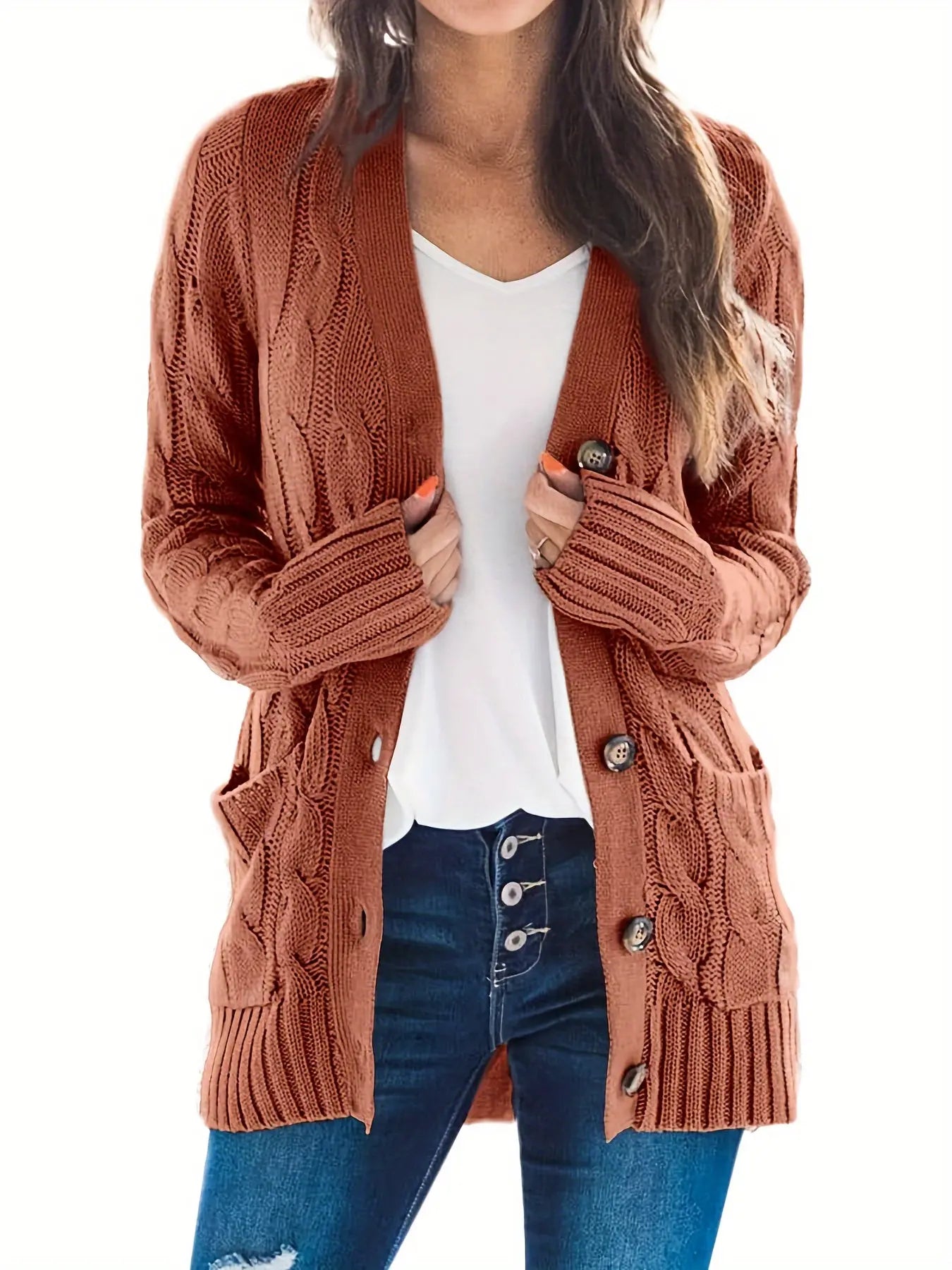 Stylish Cable Knit Button Front Cardigan with V Neck and Pockets for Women's Fall & Winter Wardrobe MyFave Boutique