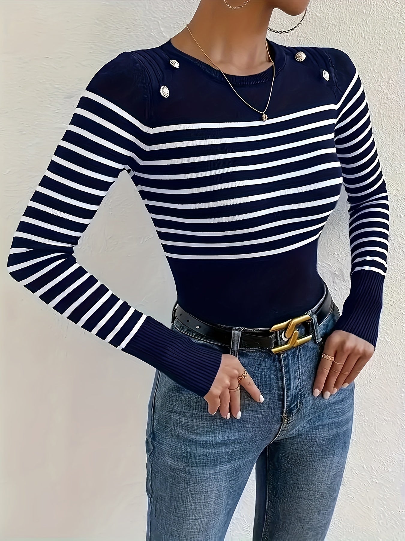 Striped Slim Crew Neck Sweater, Elegant Button Decor Long Sleeve Sweater For Fall & Winter, Women's Clothing MyFave Boutique