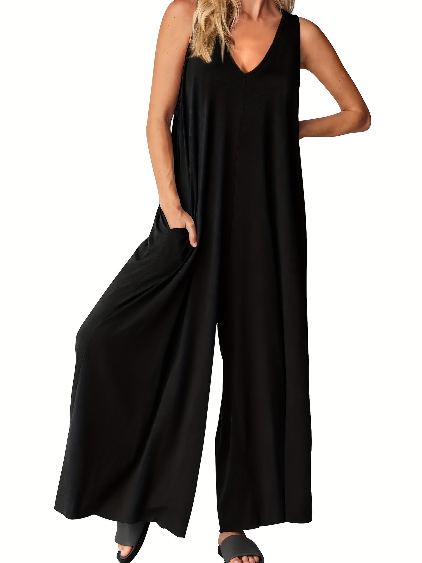 Solid Color Wide Leg Jumpsuit, Casual V Neck Sleeveless Loose Jumpsuit With Pocket, Women's Clothing MyFave Boutique