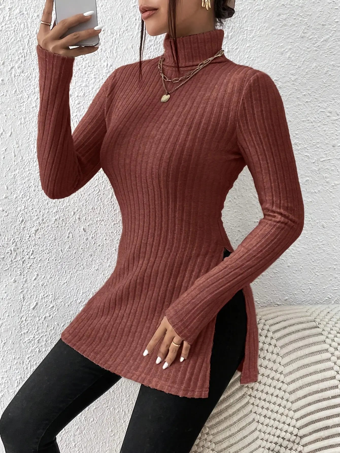 Elegant Split Long Sleeve Turtle Neck Rib Knit T-Shirt for Women MyFave Boutique