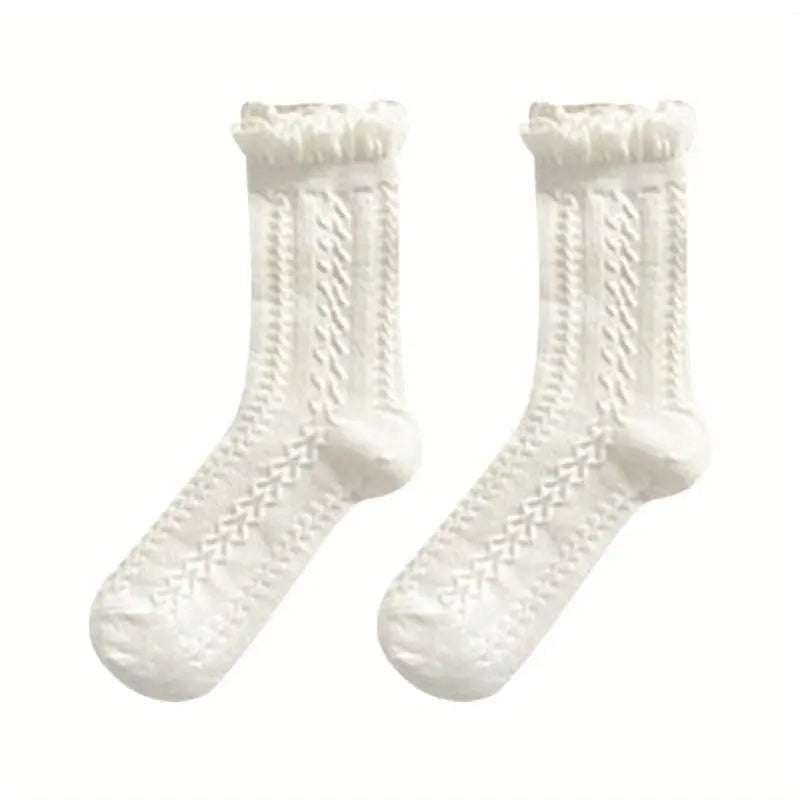 5 Pairs Floral Textured Socks, Cute & Soft Ruffle Trim Mid Tube Socks, Women's Stockings & Hosiery MyFave Boutique