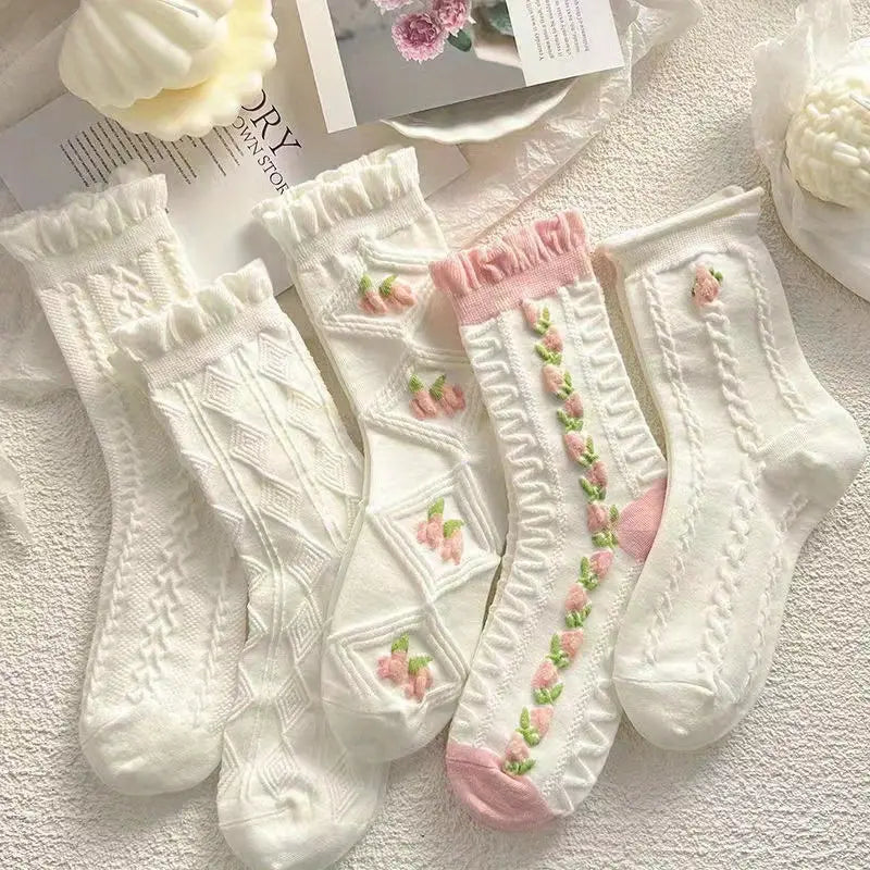 5 Pairs Floral Textured Socks, Cute & Soft Ruffle Trim Mid Tube Socks, Women's Stockings & Hosiery MyFave Boutique