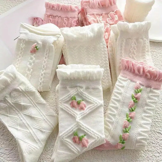 5 Pairs Floral Textured Socks, Cute & Soft Ruffle Trim Mid Tube Socks, Women's Stockings & Hosiery MyFave Boutique