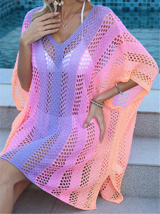 Contrast Color Cover Up Dress, V Neck Loose Fit Hollow Out Split Beach Kaftan Without Bikini, Women's Swimwear & Clothing For Holiday MyFave Boutique