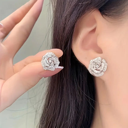 Elegant Silver Rose Flower Stud Earrings - Glamorous Luxury for Women - Delicate Gift MyFave Boutique