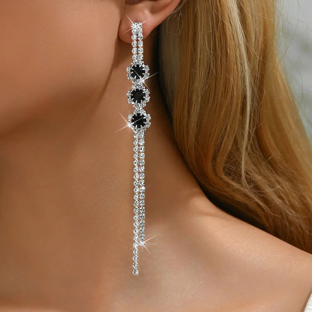 Exquisite Long Tassel Earrings - Black Diamond-Encrusted, Silvery Plated, Synthetic April Birthstone, Dangling, Boho Chic Style, Hypoallergenic, Nickel-Free, Women's Fashion Jewelry for April Birthday, Anniversary, or Casual Attire MyFave Boutique