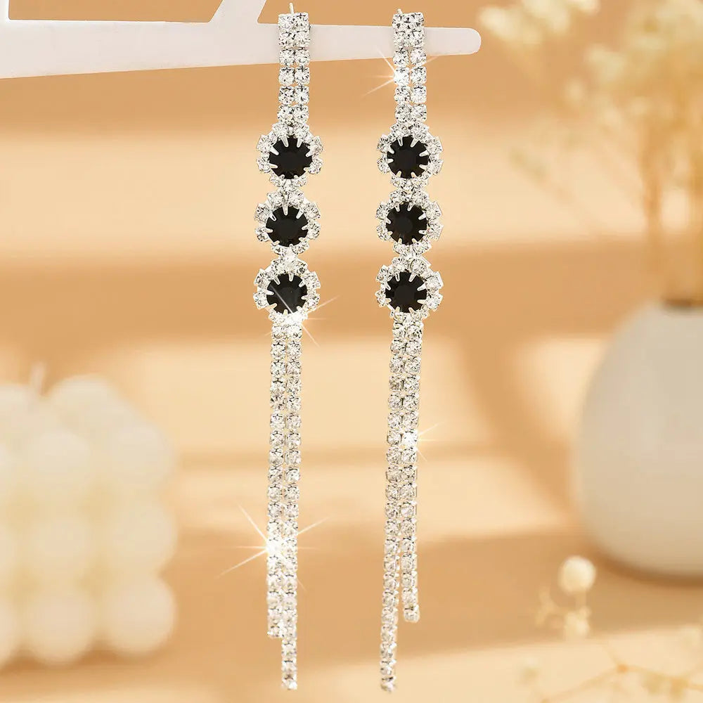 Exquisite Long Tassel Earrings - Black Diamond-Encrusted, Silvery Plated, Synthetic April Birthstone, Dangling, Boho Chic Style, Hypoallergenic, Nickel-Free, Women's Fashion Jewelry for April Birthday, Anniversary, or Casual Attire MyFave Boutique