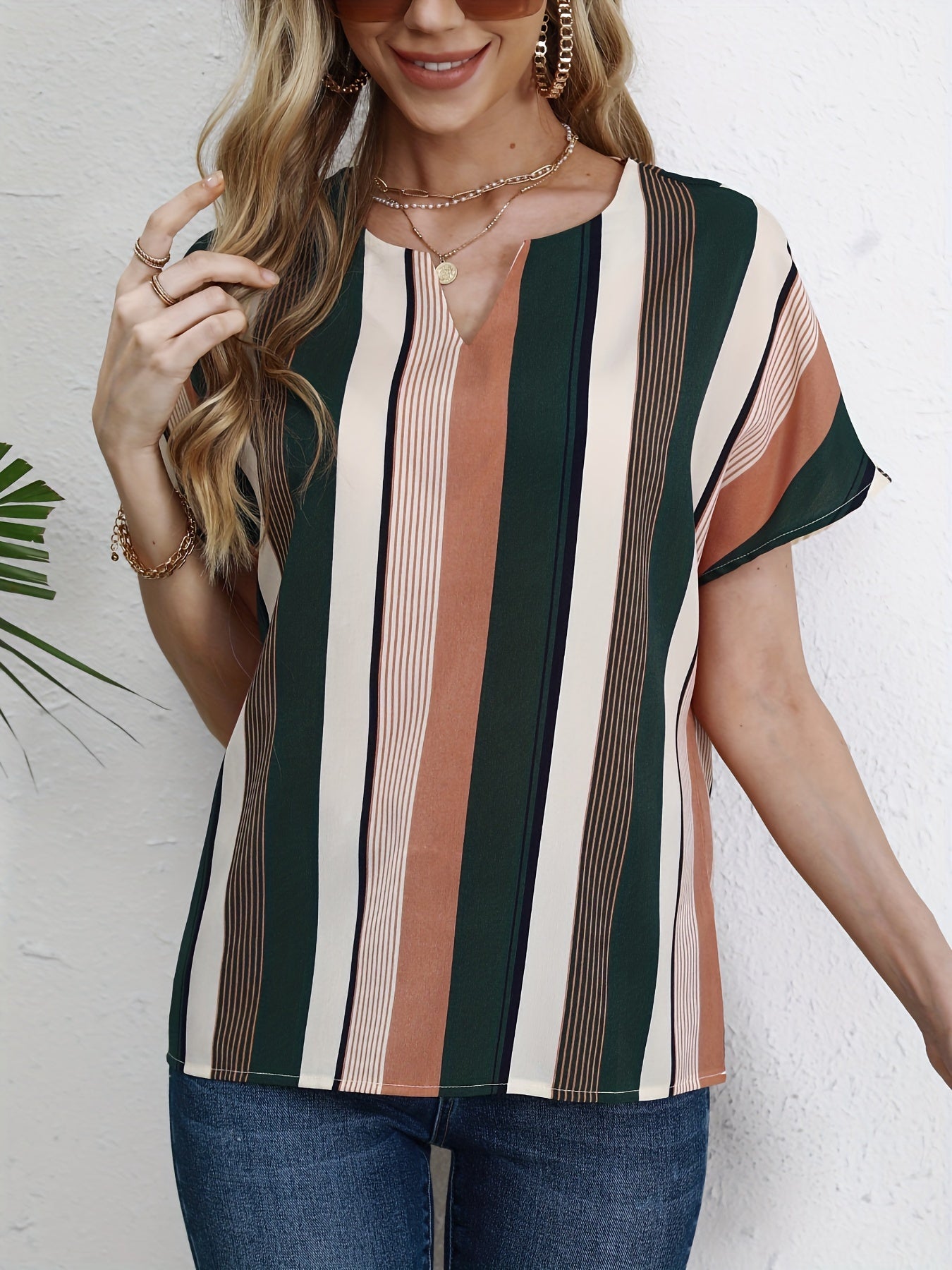 Striped Print Notched Neck Blouse, Casual Short Sleeve Blouse For Spring & Summer, Women's Clothing MyFave Boutique