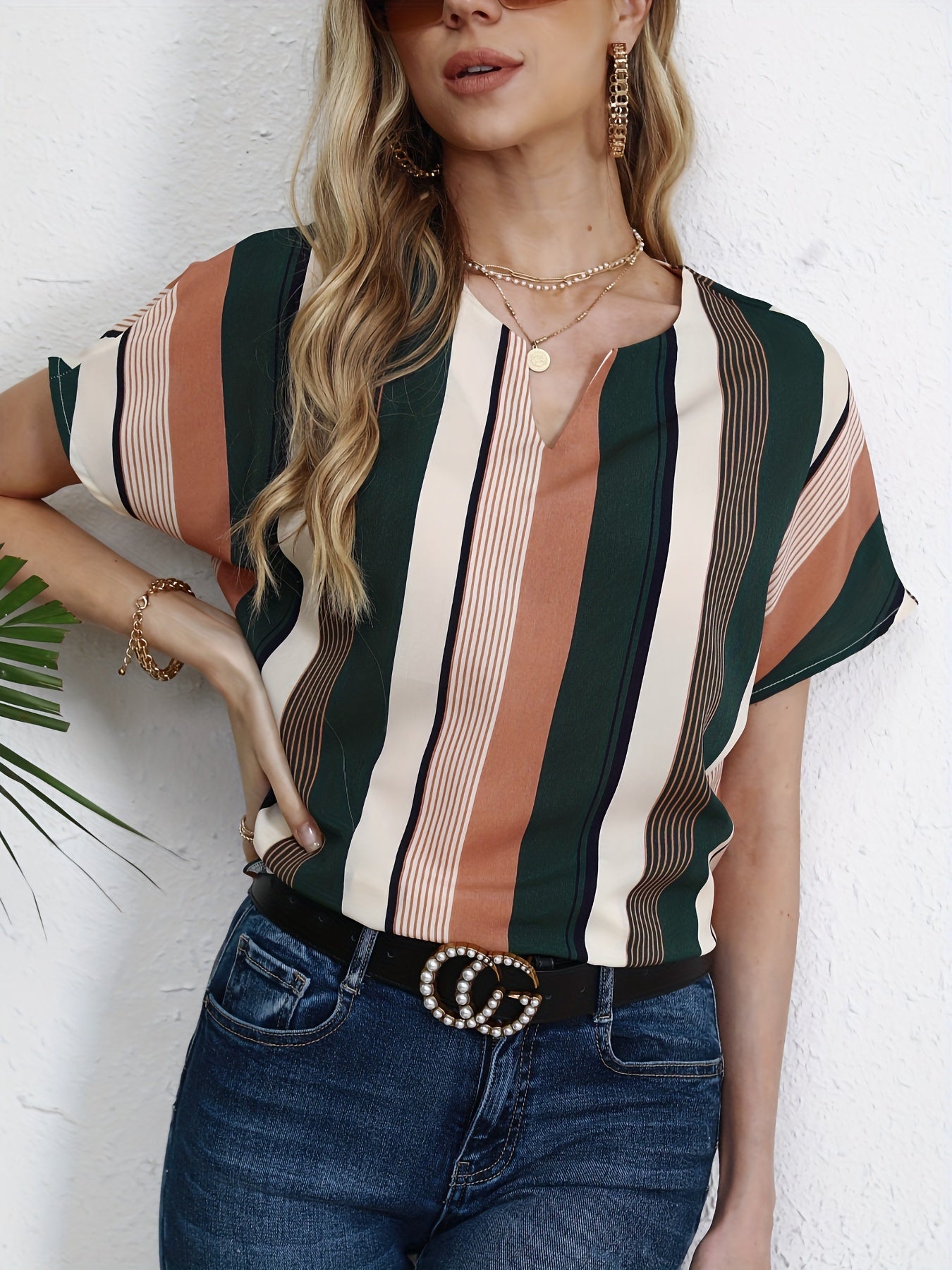 Striped Print Notched Neck Blouse, Casual Short Sleeve Blouse For Spring & Summer, Women's Clothing MyFave Boutique