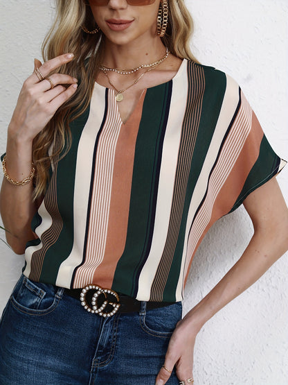 Striped Print Notched Neck Blouse, Casual Short Sleeve Blouse For Spring & Summer, Women's Clothing MyFave Boutique