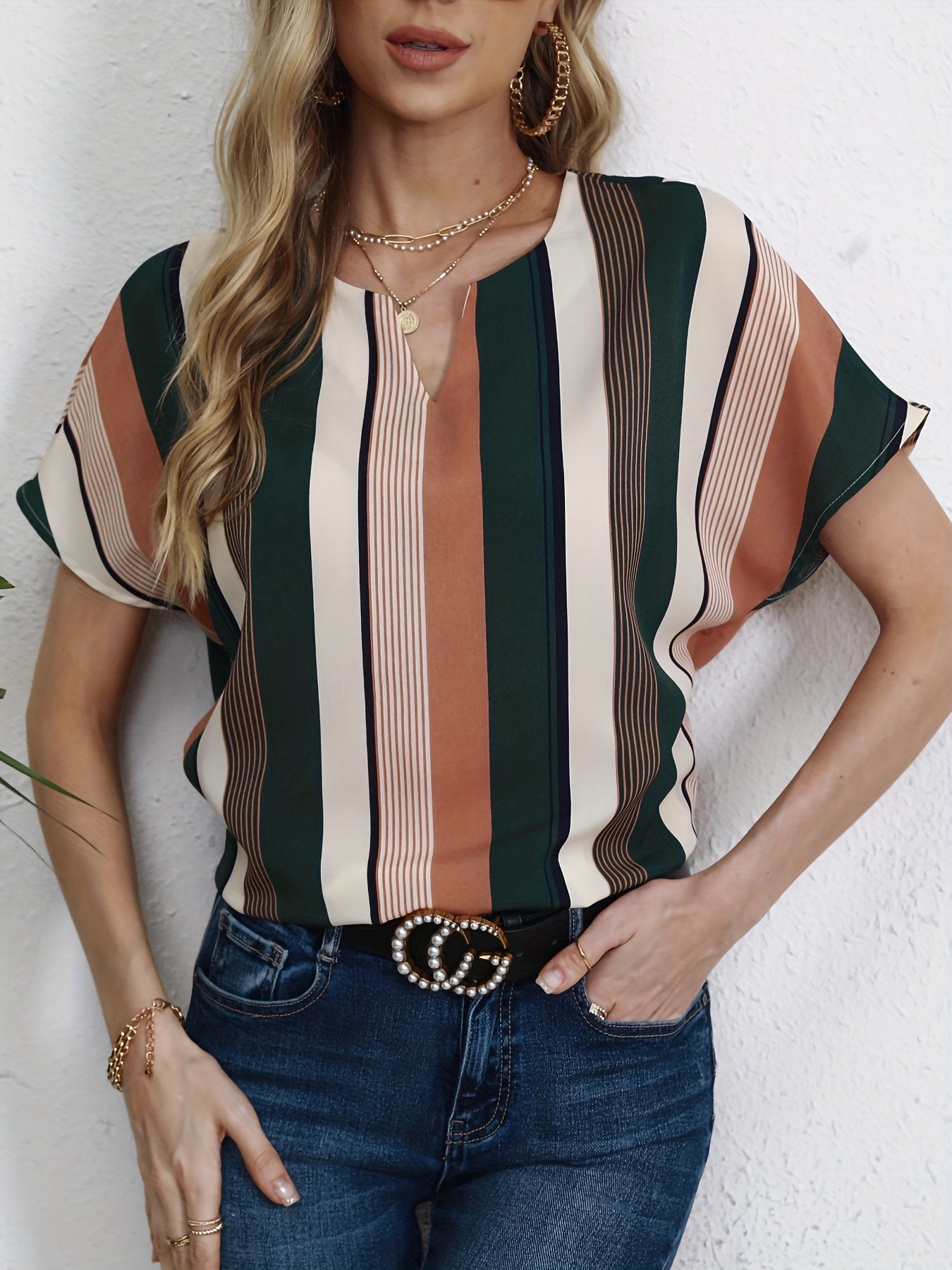 Striped Print Notched Neck Blouse, Casual Short Sleeve Blouse For Spring & Summer, Women's Clothing MyFave Boutique