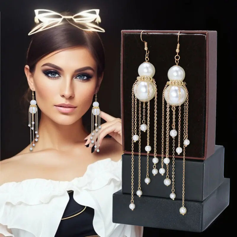 1Pair French-Style Elegant Imitation Pearl Drop & Dangle Earrings with 925 Sterling Silver Hooks, Long Tassel Design Fashion Accessories for Daily and Wedding Occasions, No Feather E1101 MyFave Boutique