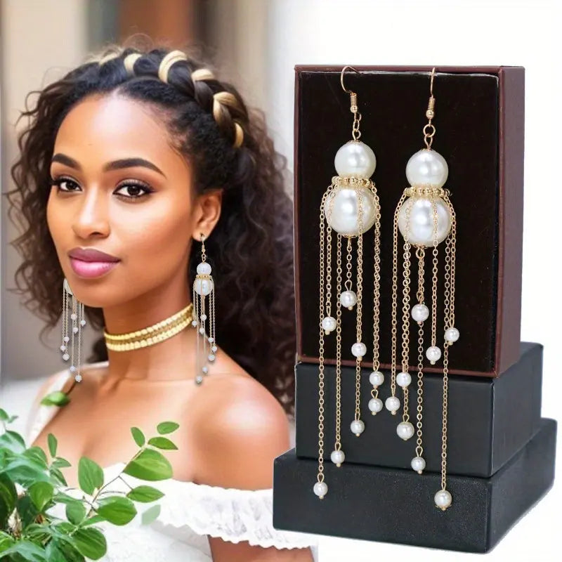 1Pair French-Style Elegant Imitation Pearl Drop & Dangle Earrings with 925 Sterling Silver Hooks, Long Tassel Design Fashion Accessories for Daily and Wedding Occasions, No Feather E1101 MyFave Boutique