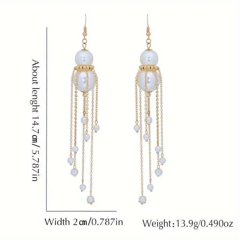 1Pair French-Style Elegant Imitation Pearl Drop & Dangle Earrings with 925 Sterling Silver Hooks, Long Tassel Design Fashion Accessories for Daily and Wedding Occasions, No Feather E1101 MyFave Boutique