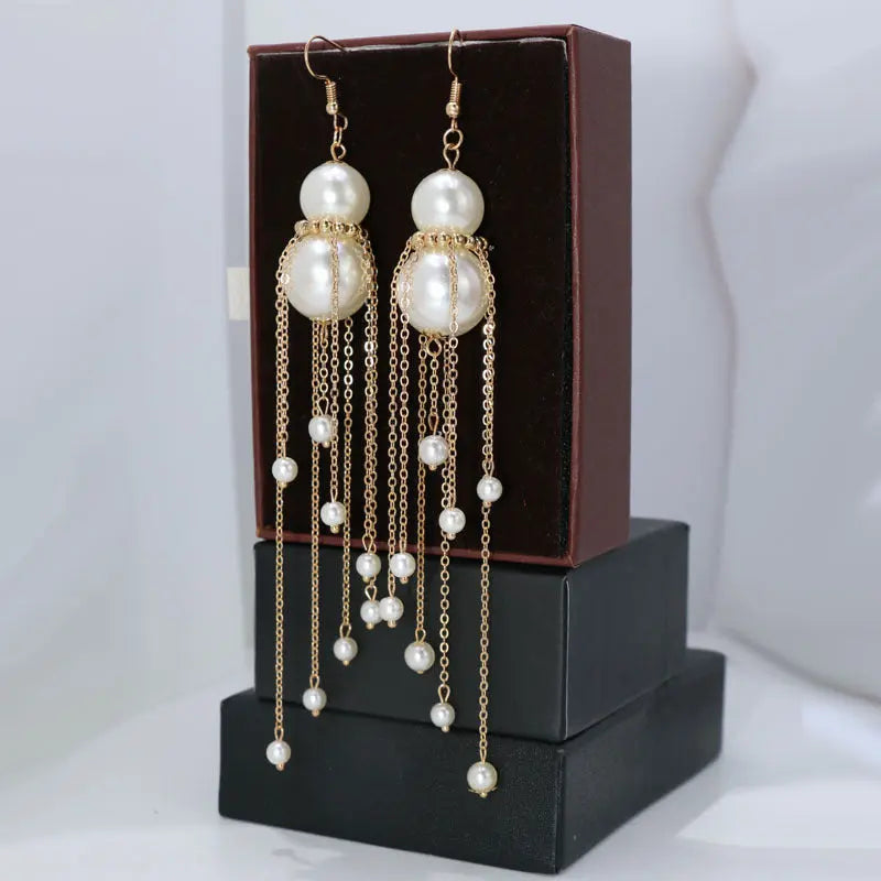 1Pair French-Style Elegant Imitation Pearl Drop & Dangle Earrings with 925 Sterling Silver Hooks, Long Tassel Design Fashion Accessories for Daily and Wedding Occasions, No Feather E1101 MyFave Boutique