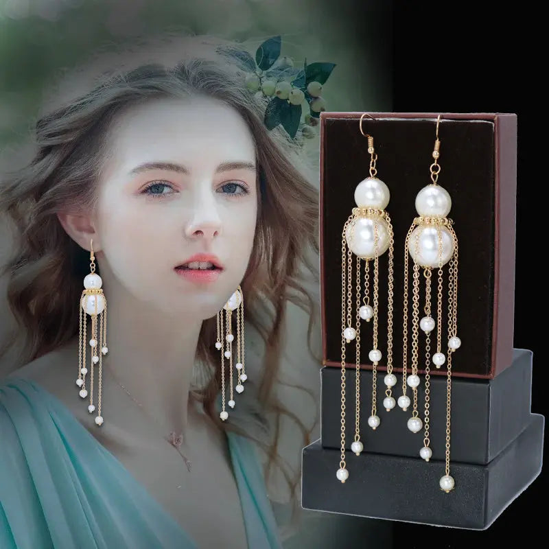 1Pair French-Style Elegant Imitation Pearl Drop & Dangle Earrings with 925 Sterling Silver Hooks, Long Tassel Design Fashion Accessories for Daily and Wedding Occasions, No Feather E1101 MyFave Boutique