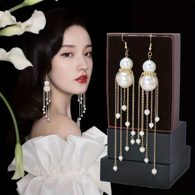 1Pair French-Style Elegant Imitation Pearl Drop & Dangle Earrings with 925 Sterling Silver Hooks, Long Tassel Design Fashion Accessories for Daily and Wedding Occasions, No Feather E1101 MyFave Boutique