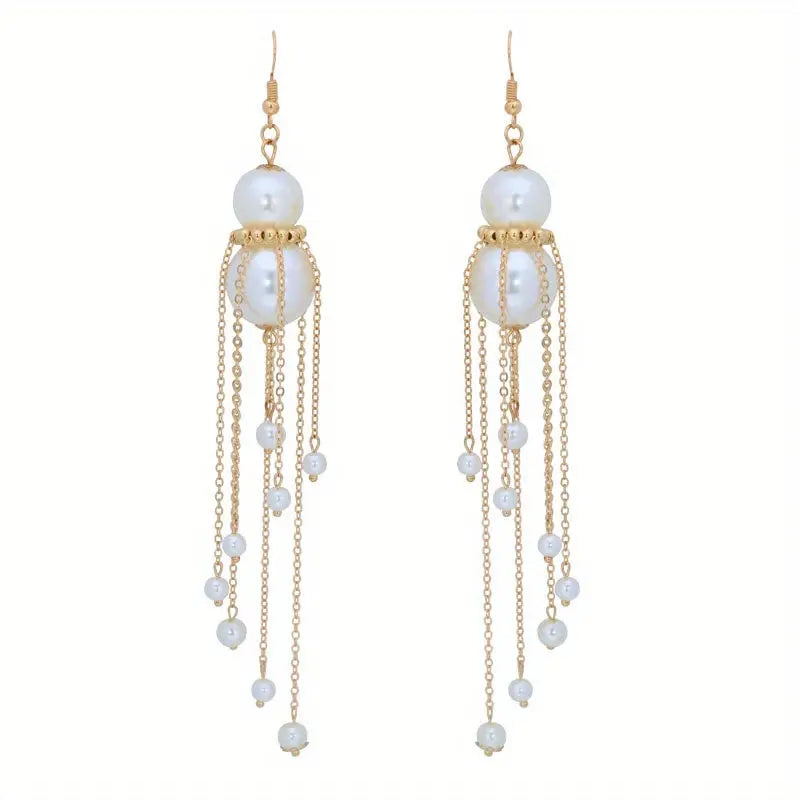 1Pair French-Style Elegant Imitation Pearl Drop & Dangle Earrings with 925 Sterling Silver Hooks, Long Tassel Design Fashion Accessories for Daily and Wedding Occasions, No Feather E1101 MyFave Boutique