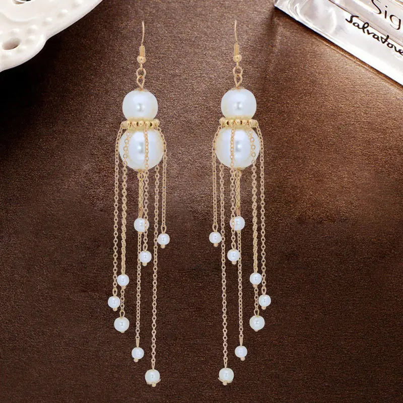 1Pair French-Style Elegant Imitation Pearl Drop & Dangle Earrings with 925 Sterling Silver Hooks, Long Tassel Design Fashion Accessories for Daily and Wedding Occasions, No Feather E1101 MyFave Boutique