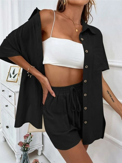 Women's fashion loose temperament lapel shirt short sleeve pocket elastic waist shorts solid color suit MyFave Boutique