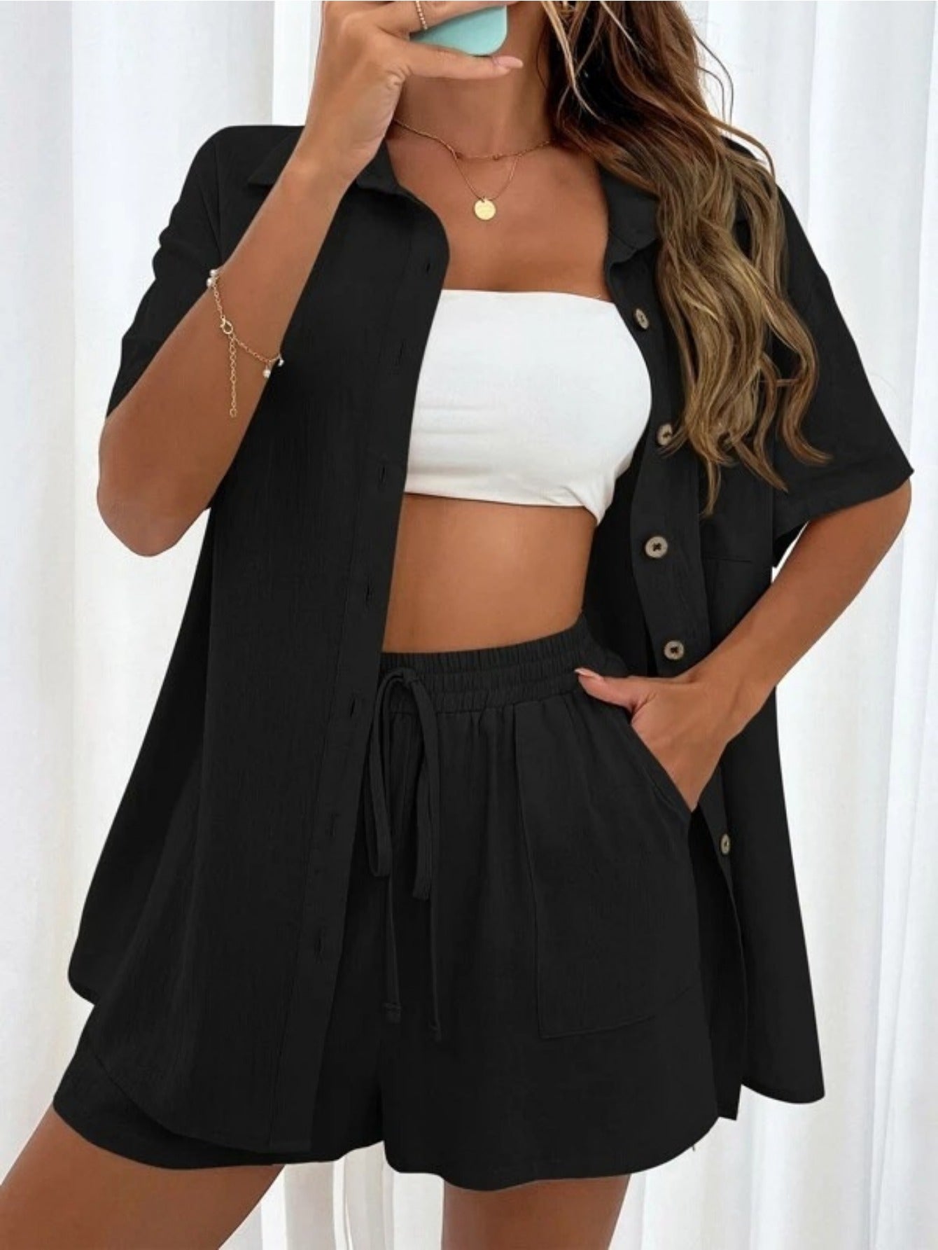 Women's fashion loose temperament lapel shirt short sleeve pocket elastic waist shorts solid color suit MyFave Boutique