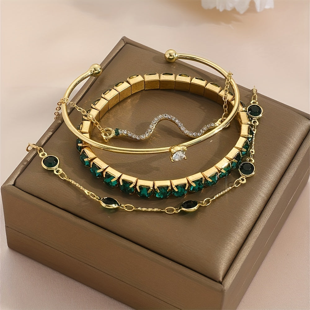 Retro & Elegant Style, 4pcs Green Shiny Iced Out Zircon Bangle Bracelet Set, Stackable Hand Jewelry Bracelet For Daily Wear MyFave Boutique