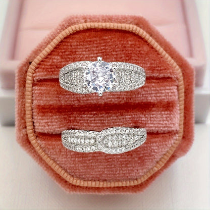 2PCS/set Sterling Silver Plated Bridal Ring Set - Sparkling Zircon Engagement & Wedding Bands - Hypoallergenic Luxury Jewelry for Women - Perfect Proposal Gift MyFave Boutique