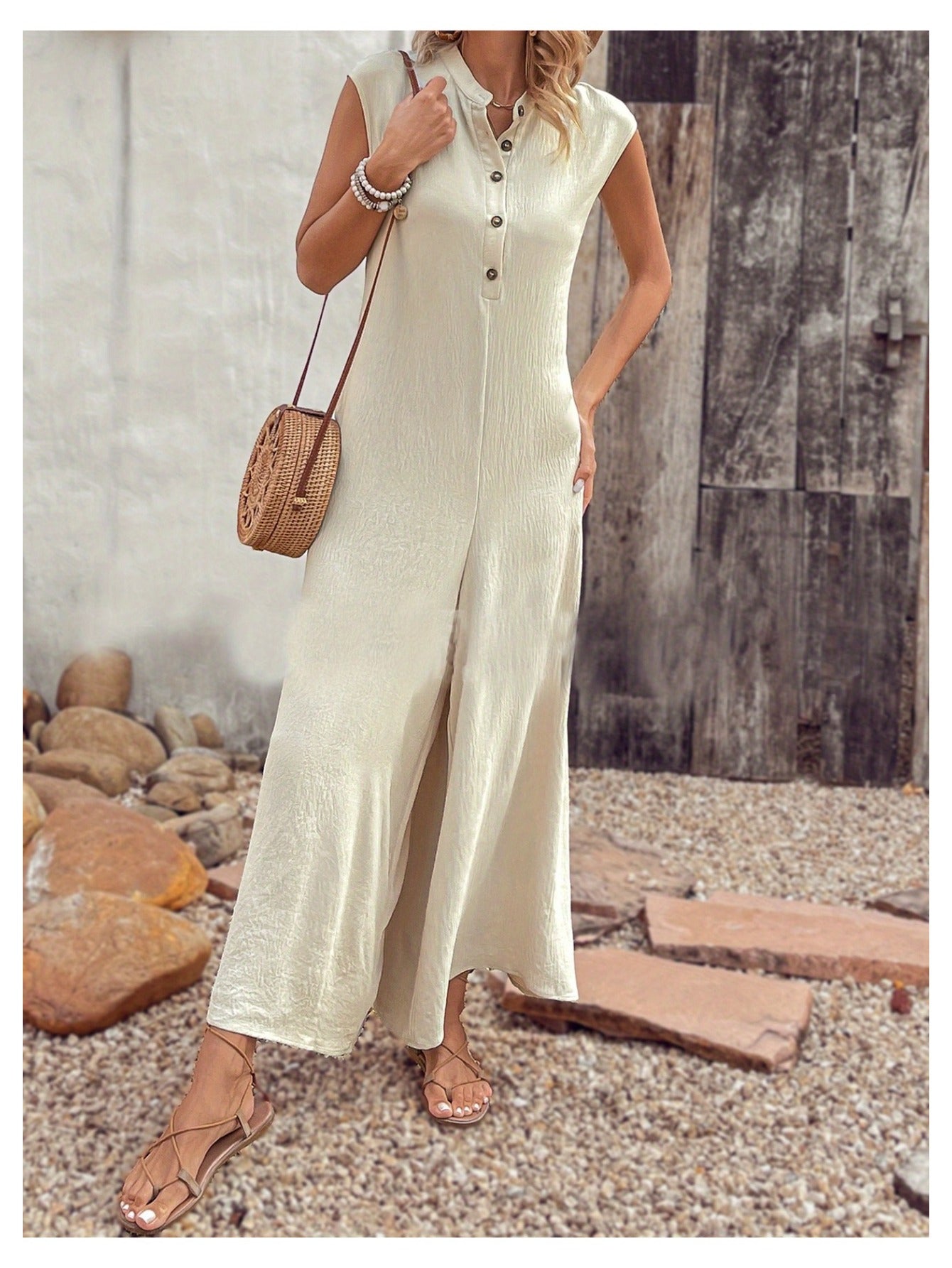 Button Front Wide Leg Jumpsuit, Elegant Cap Sleeve Crew Neck Solid Loose Side Pockets Jumpsuit For Spring & Summer, Women's Clothing MyFave Boutique