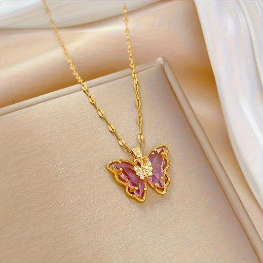 1 Piece Delicate Fashion Shiny Purple Butterfly Copper Pendant Necklace with Stainless Steel Chain Men's Women's Banquet Jewelry Accessory MyFave Boutique